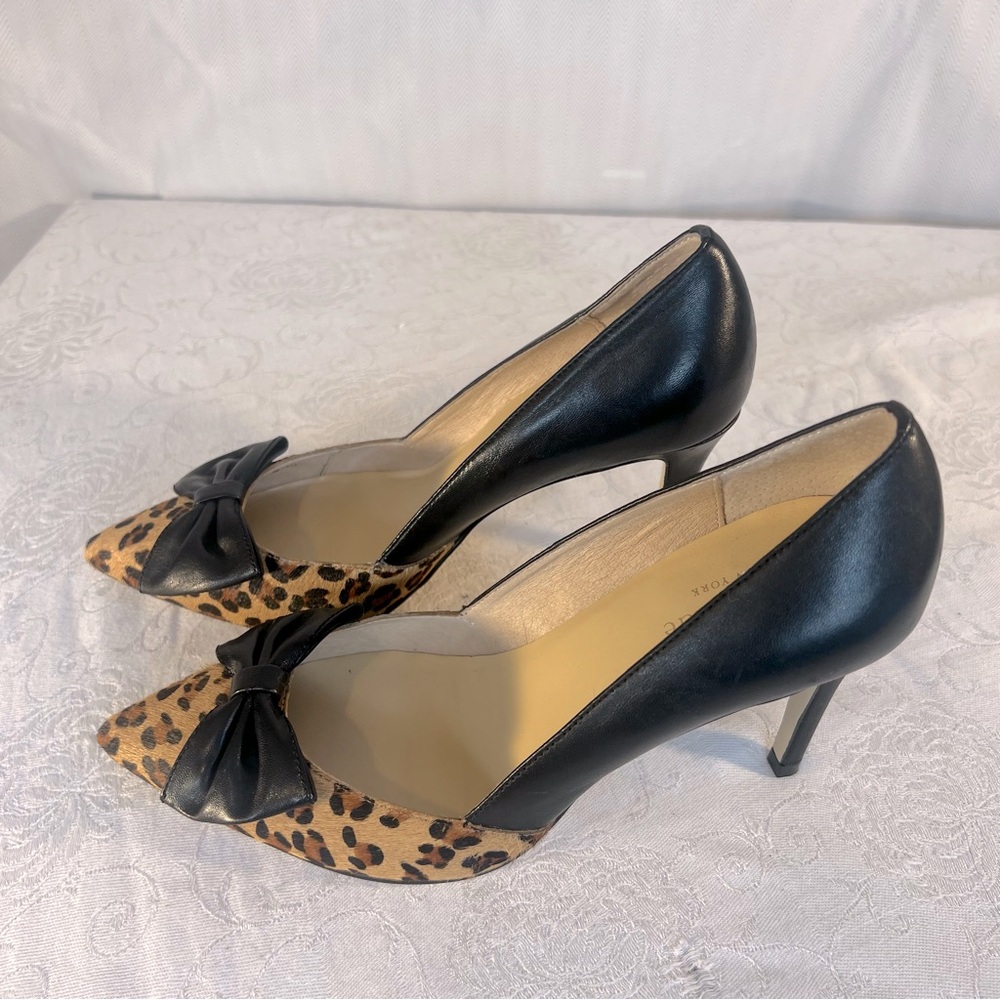 Kate Spade Heels Black Leather & Animal Print Calf Hair Black Bow Slip On EUC 7M - Picture 5 of 8